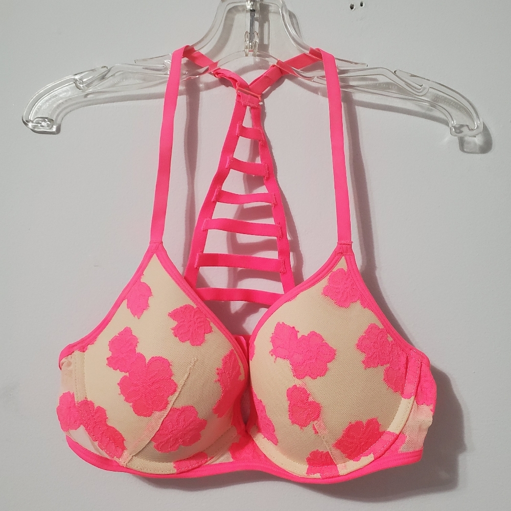 NWOT Pink floral print lace racer back bra 34B